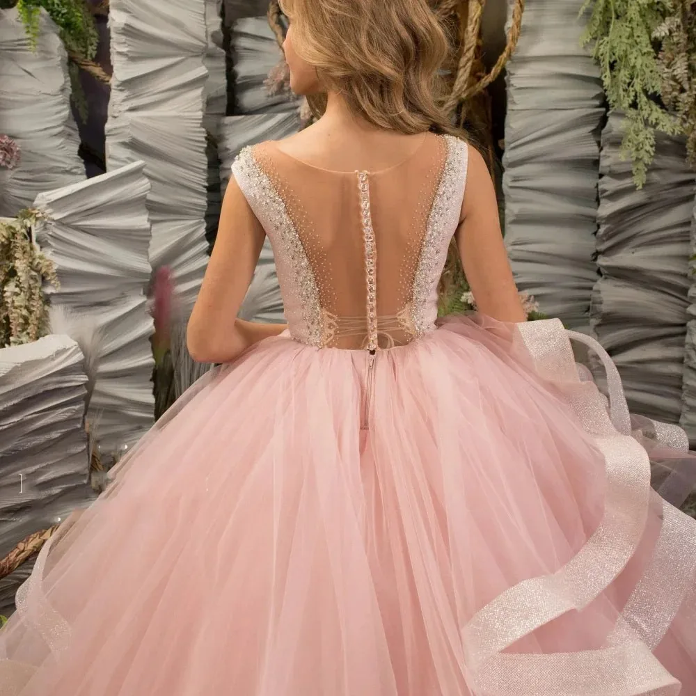 Rosa Blumenmädchenkleider für die Hochzeit, Kristall, mehrlagig, ärmellos, Baby-Geburtstagsparty-Kleider, Erstkommunion-Kleider, individuell gestaltet