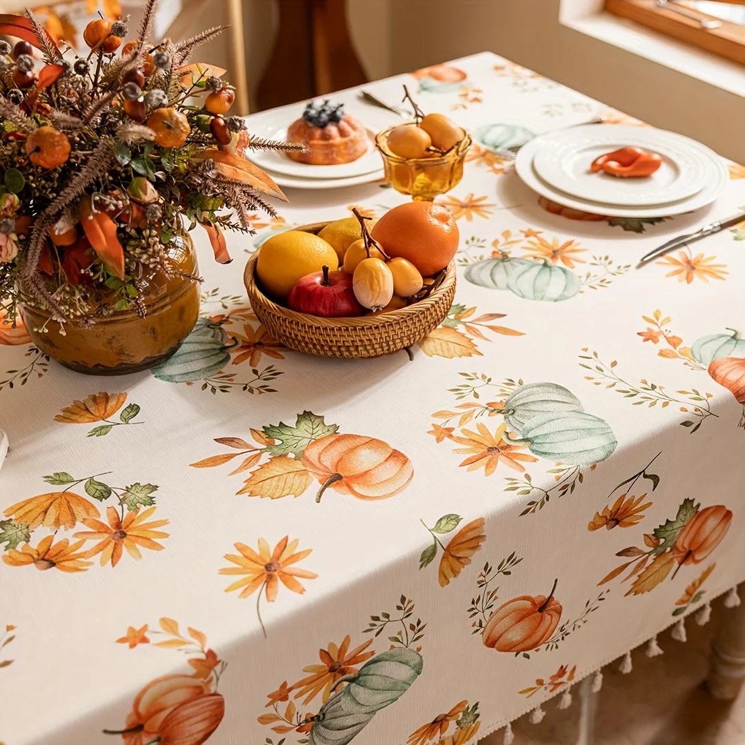 1pc Autumn Thanksgiving Tablecloth, Pumpkin Leaf Patterned Tablecloth, Beige Ruffle Tableclothzyc