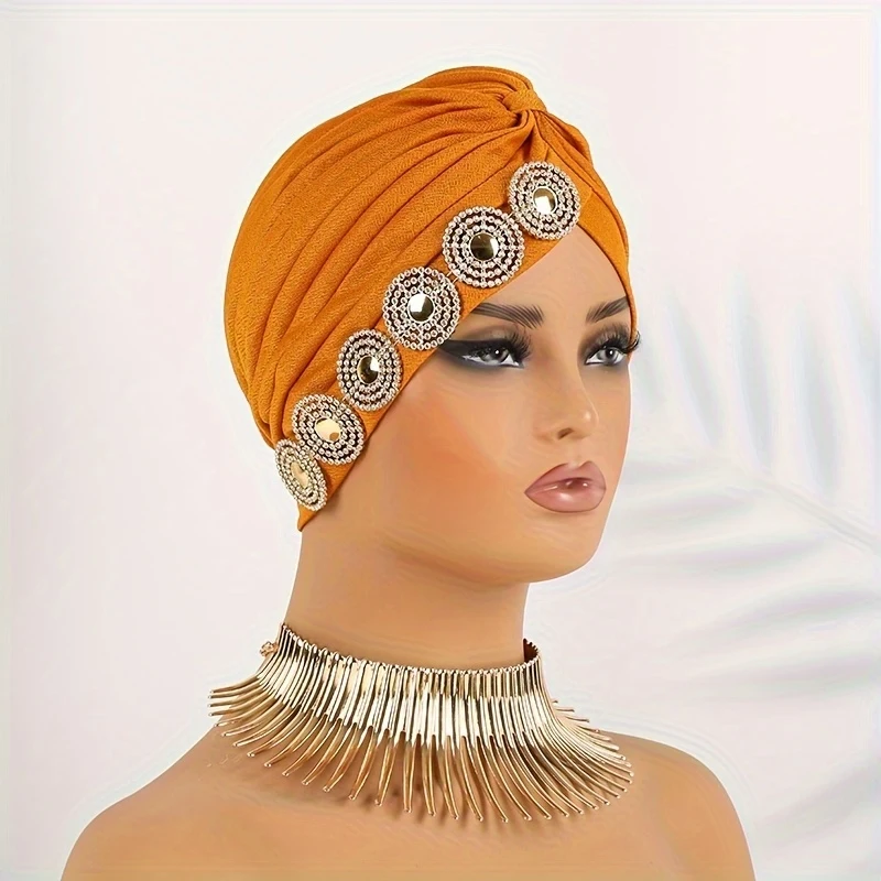 Elegant Women's Side Rhinestone Turban Hat Stretchable Elastic Head Wrap Pleated Crisscross Chemo Beanie Hair Cover Cap