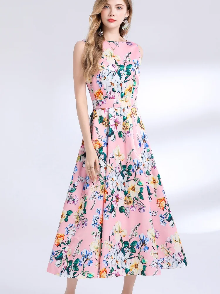 New Fashion Retro Elegant Sleeveless Print Long Dress A-line Casual High Waist Women Summer Pleated Runway Dresses