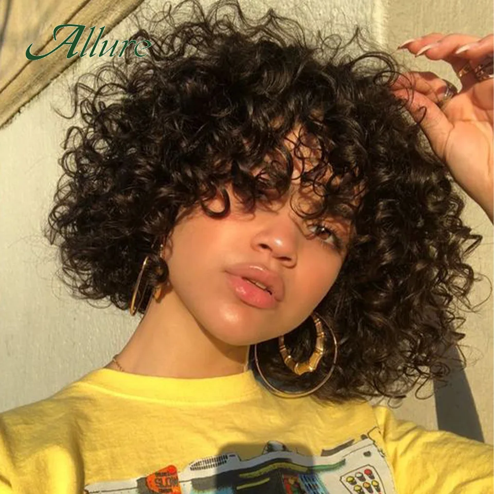 

Short Pixie Bob Cut Human Hair Wigs For Black Women Brazilian Jerry Curly Hair Wig With Bangs Dark Brown Colored Wigs Allure