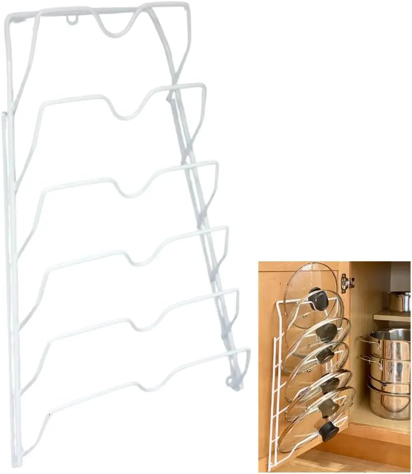 

Органайзер для крышек на 6 уровней для дверцы шкафа или стены - кухонная полка для хранения, вмещает до 6 крышек, белый цвет