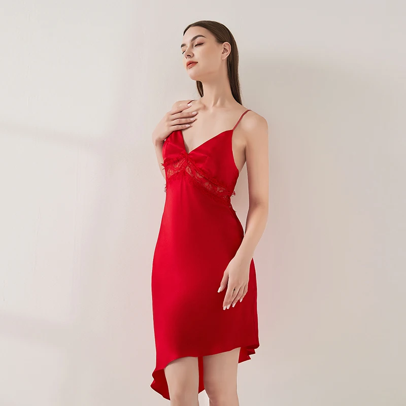 Lace Silk Nightgown 100% Mulberry Silk Backless Sexy Slip Dress Skin-friendly Chemise Nightdress Comfortable Chemise Loungewear