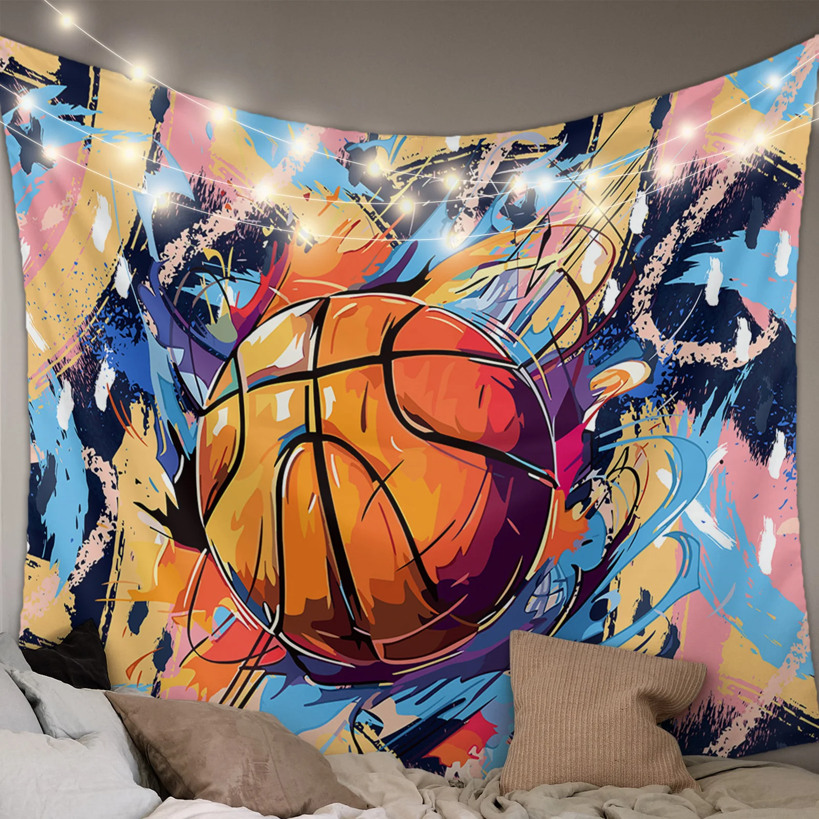 Sports Style Basketball Hand Drawn Tapestry Wall Hanging Boho Wall Tapestry Xmas Bedroom Living Room Decor Hanging Cloth