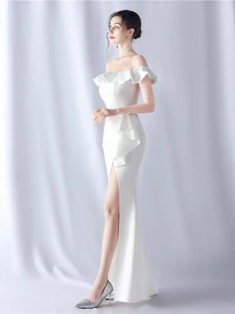 

Summer 2025 Black White Ruffles Off Shoulder Long Dresses Women Red Backless Sexy Split Dress French Elegant Evening Party Dress