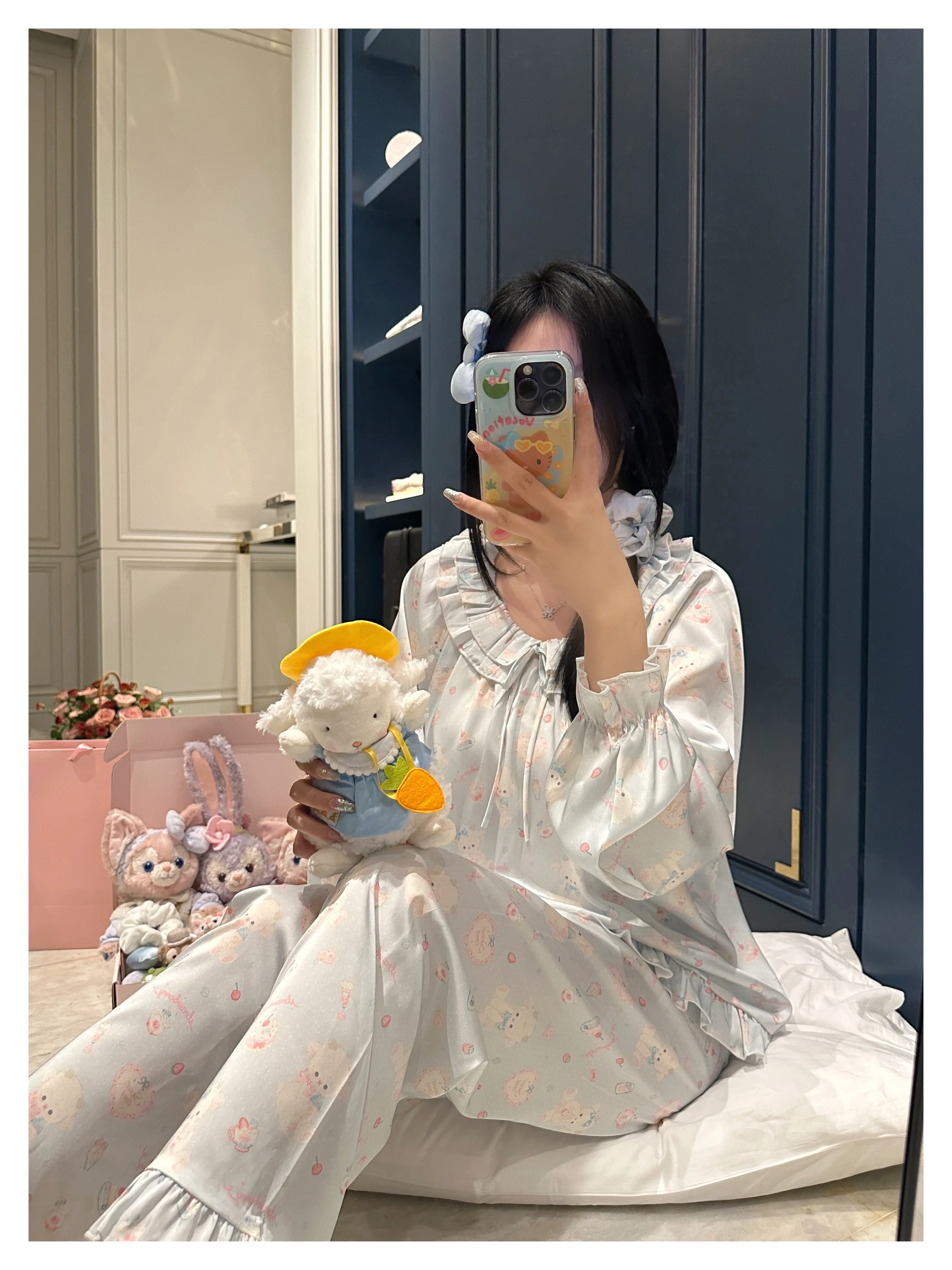 Cute Sweet Girl Japanese Original Satin Ice Silk Pajamas Long Sleeves Doll Collar Cartoon Print Long Sleeves Cool Loungewear