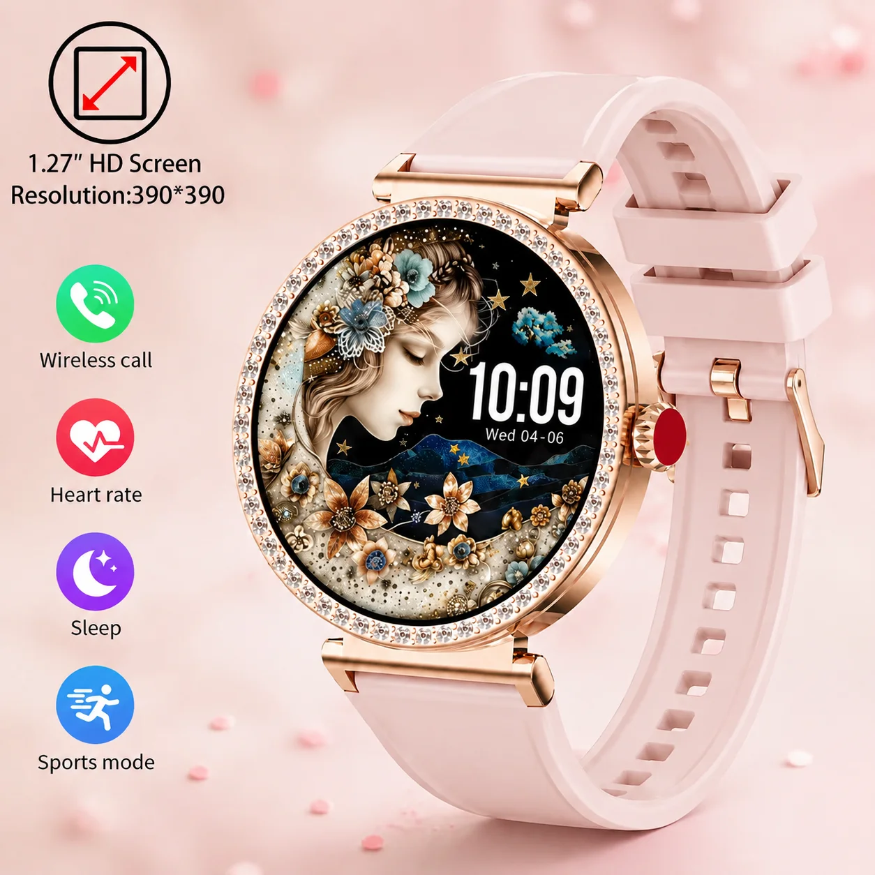 2026 New Women Smart Watch NFC Period Tracker Heart Rate Monitor Bluetooth Call Wireless Charging Rhinestone Jewelry Gift