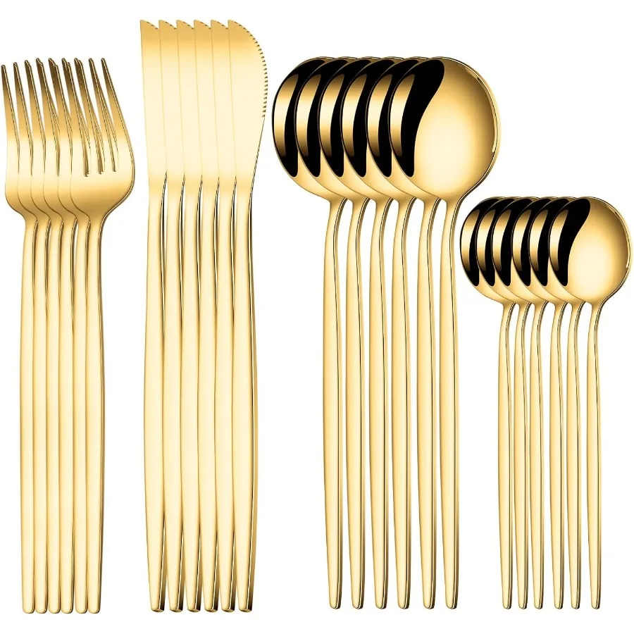 

24Piece Gold Silverware Set for 6 Including Stainless Steel Flatware Cutlery Set with Steak Knives Spoons and Forks Premium Eat