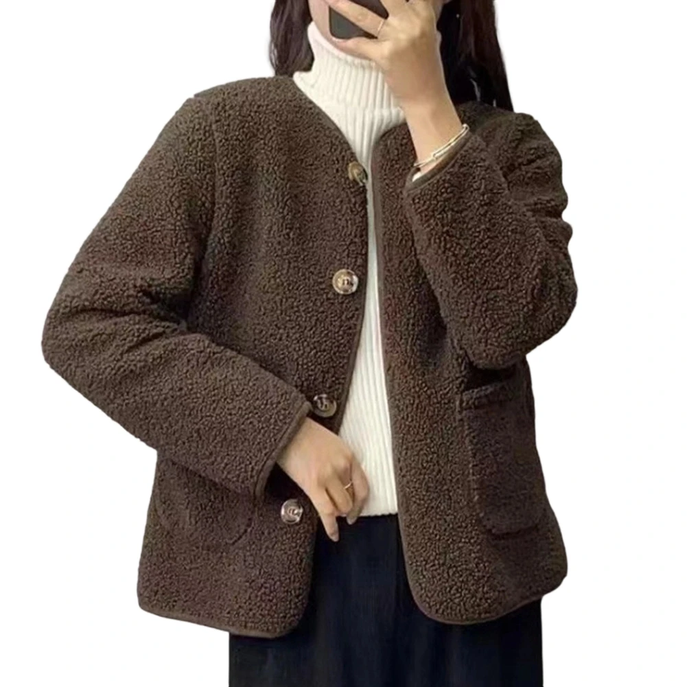 

Loose Fit Women's Plus Size Warm Thicken Jacket Round Neck Cardigan Solid Outerwear Long Sleeve Suitable for Daily Outfits