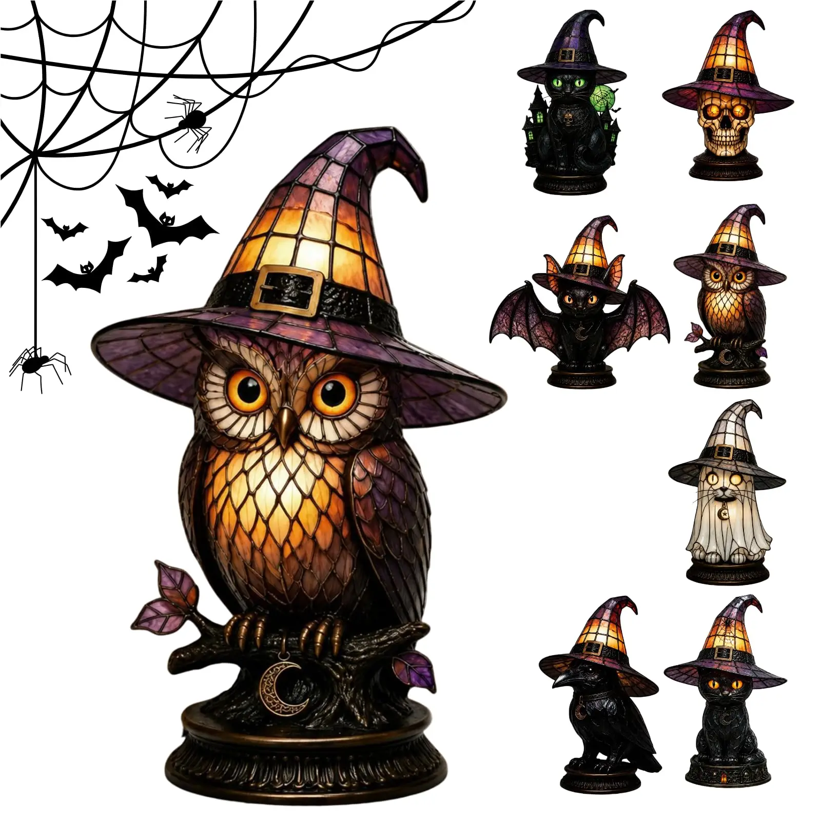 Witch Hat Lamp Stained Glass 28cm Resin Touch Control USB Powered Night Light for Spooky Gothic Halloween Decor Bedroom Tabletop