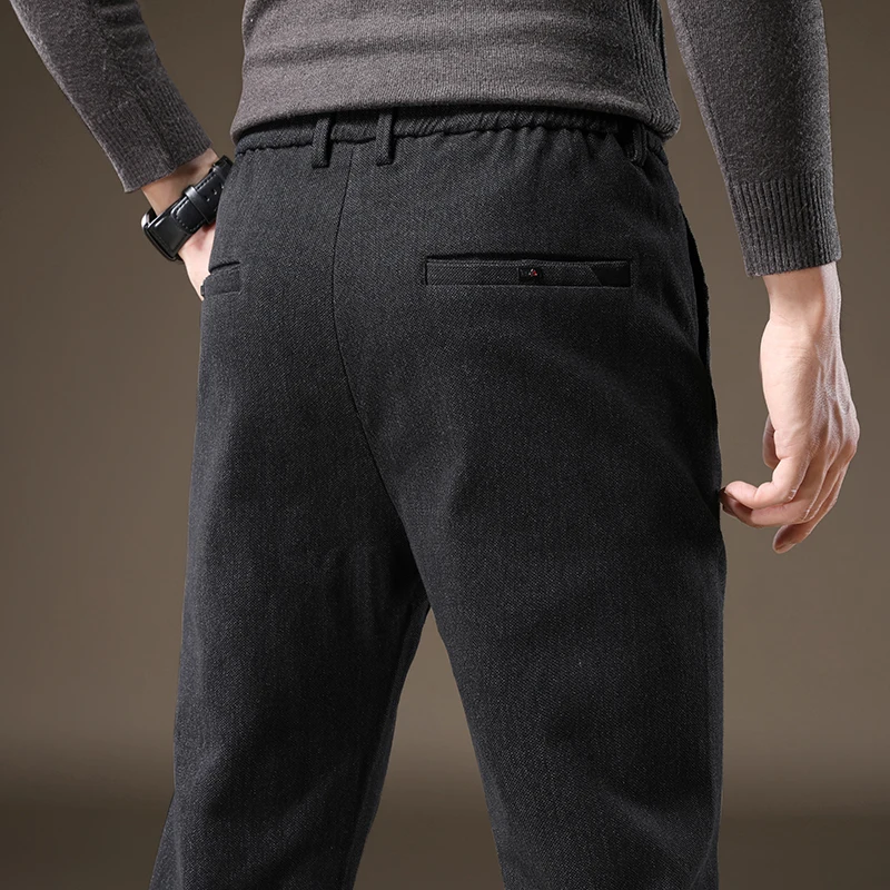 High Quality Autumn Winter Men's Pants Business Stretch Thick Slim Work Elastic Waist Brushed Black Grey Casual Trousers Male