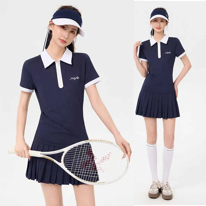 Niefle Short Sleeve Polo Collar Shirt Women Retro Pleated Skirt Zipper Neck Quick-dry Tennis Tops Summer Slim Golf Skorts