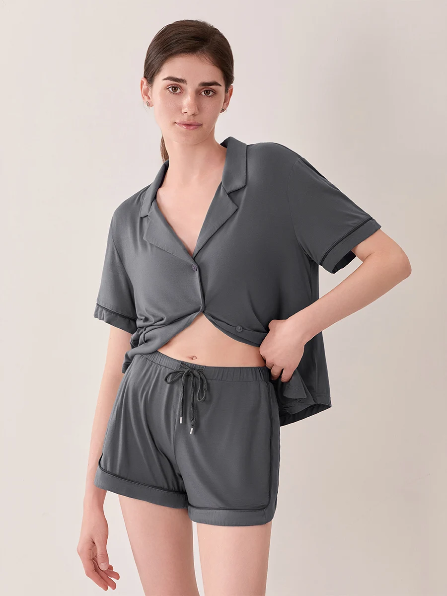 Women Summer Pajama Set Solid Color Short Sleeves Lapel Button Shirt and Elastic Shorts Loungewear Soft Sleepwear for Nightwear