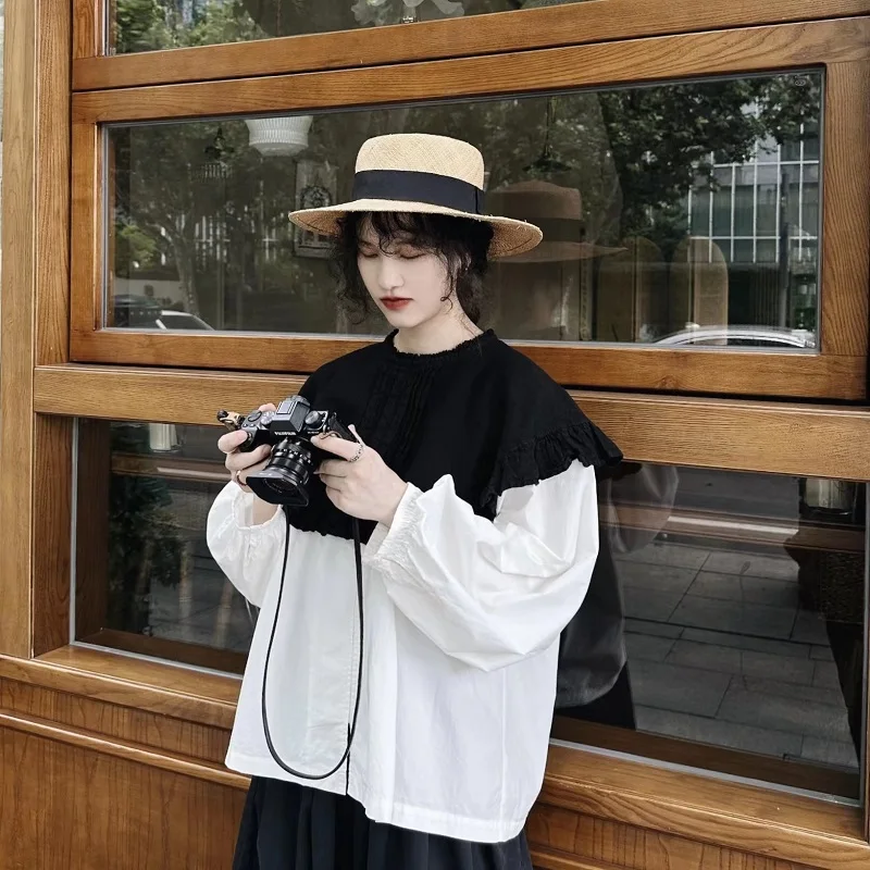 Sweet Cute Japanese Style Women's Floral Lace Collar Shawl with Rope Vintage Artistic Country Girl Leaf  Fake Collar