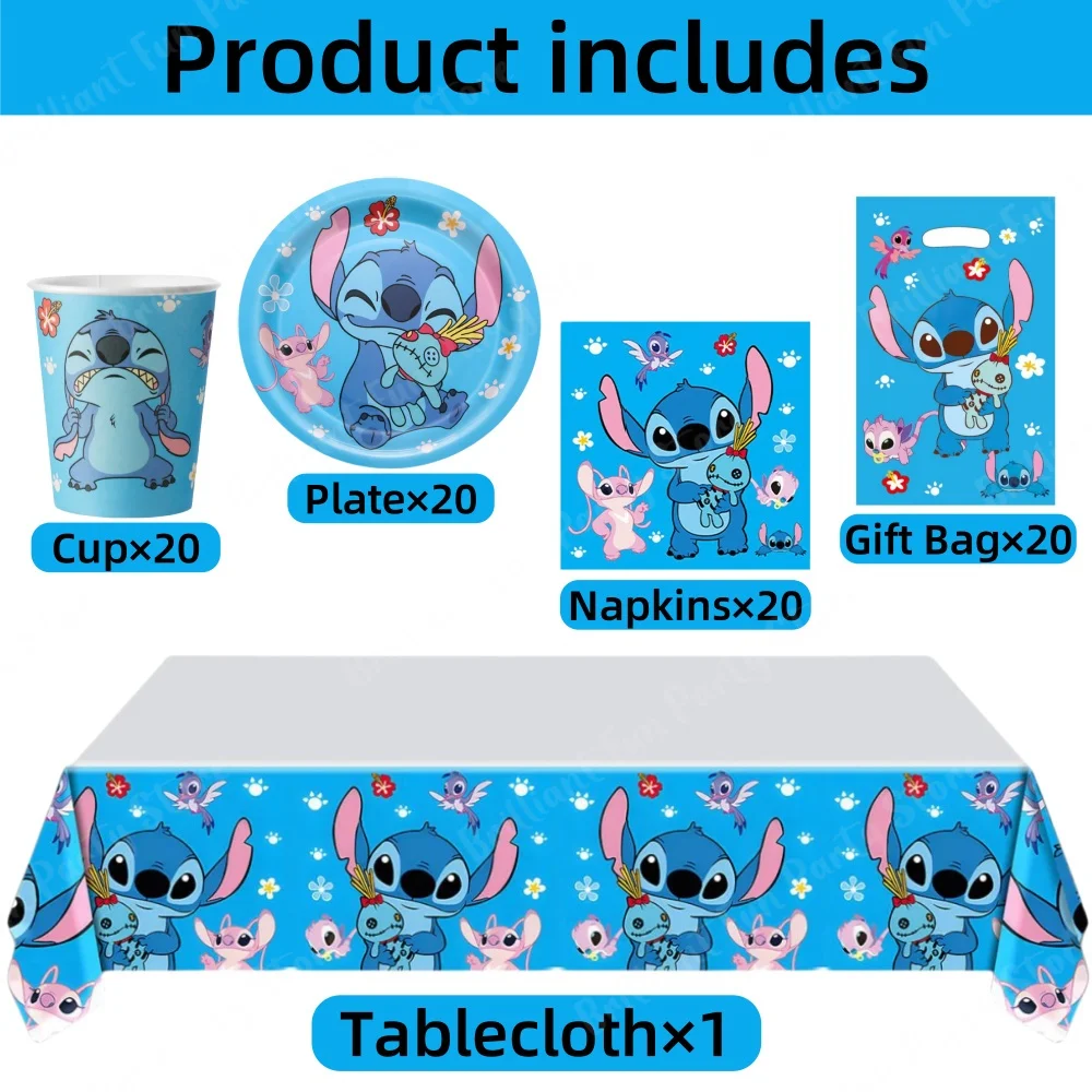 81Pcs Disney Stitch Birthday Decorations Disposable Tableware Set Plate Napkin Cup Tablecloth Gift Bag For Kids Party Supplies