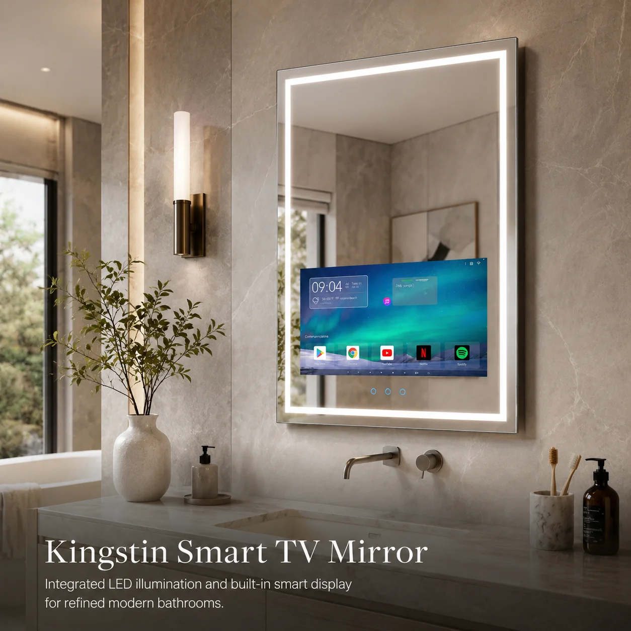 Kingstin Premium Frameless HD Glass LED TV Mirror For Bathroom, Smart App Touch Screen, 100% Customized Sizes