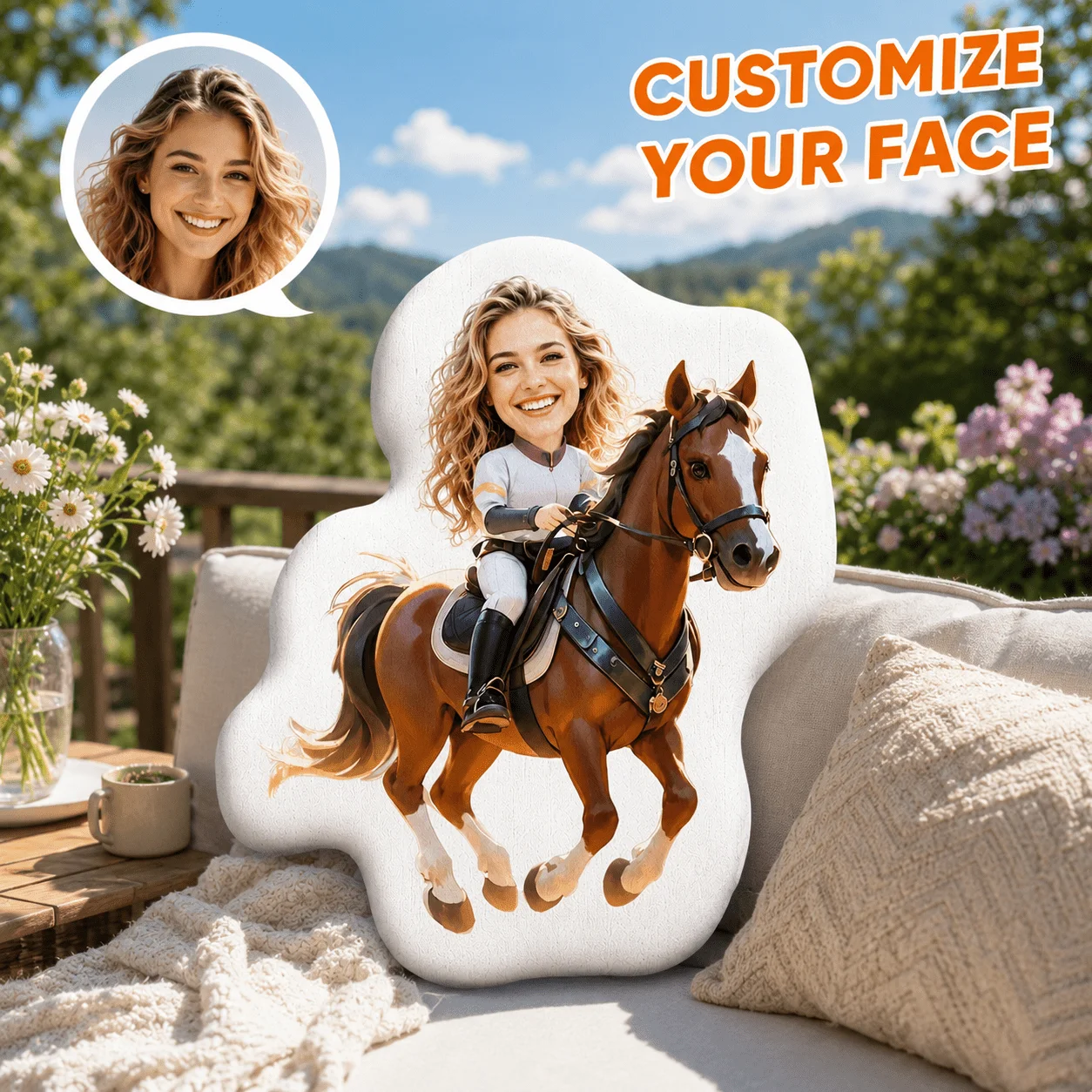 Custom Personalized Photo Face Pillow, Horse Riding Equestrian Style Custom Shaped Decorative Cushion, 60CM Large Size Home Deco
