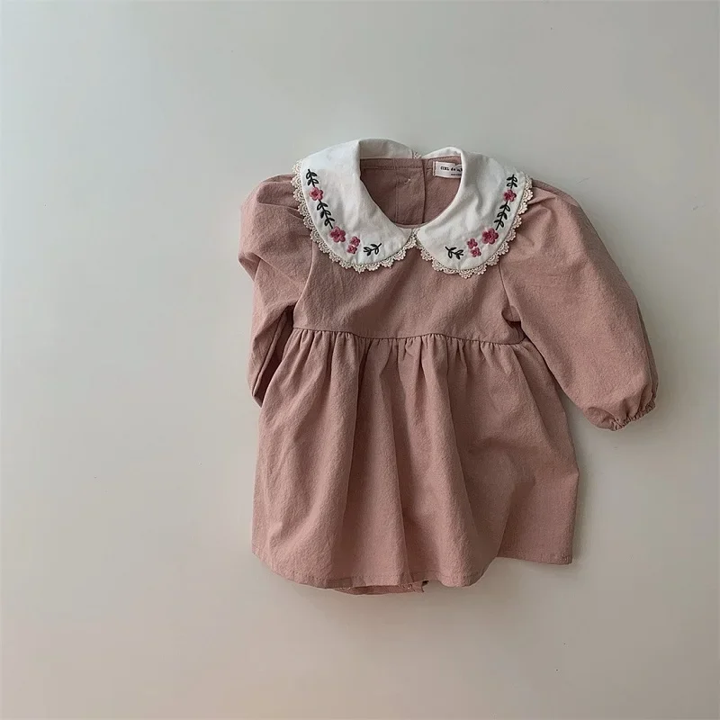 Newborn Kids Embroidery Flower Peter Pan Collar Skirted Bodysuit Cotton Clothes Sweet Baby Girl Dress Romper 0-3Years Princess