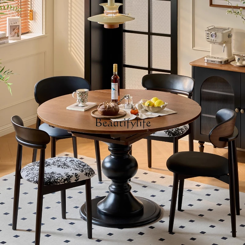 

Vintage Style Dining Table Convertible Round Table Extendable French Retro Dining Table for Living Room Home Use
