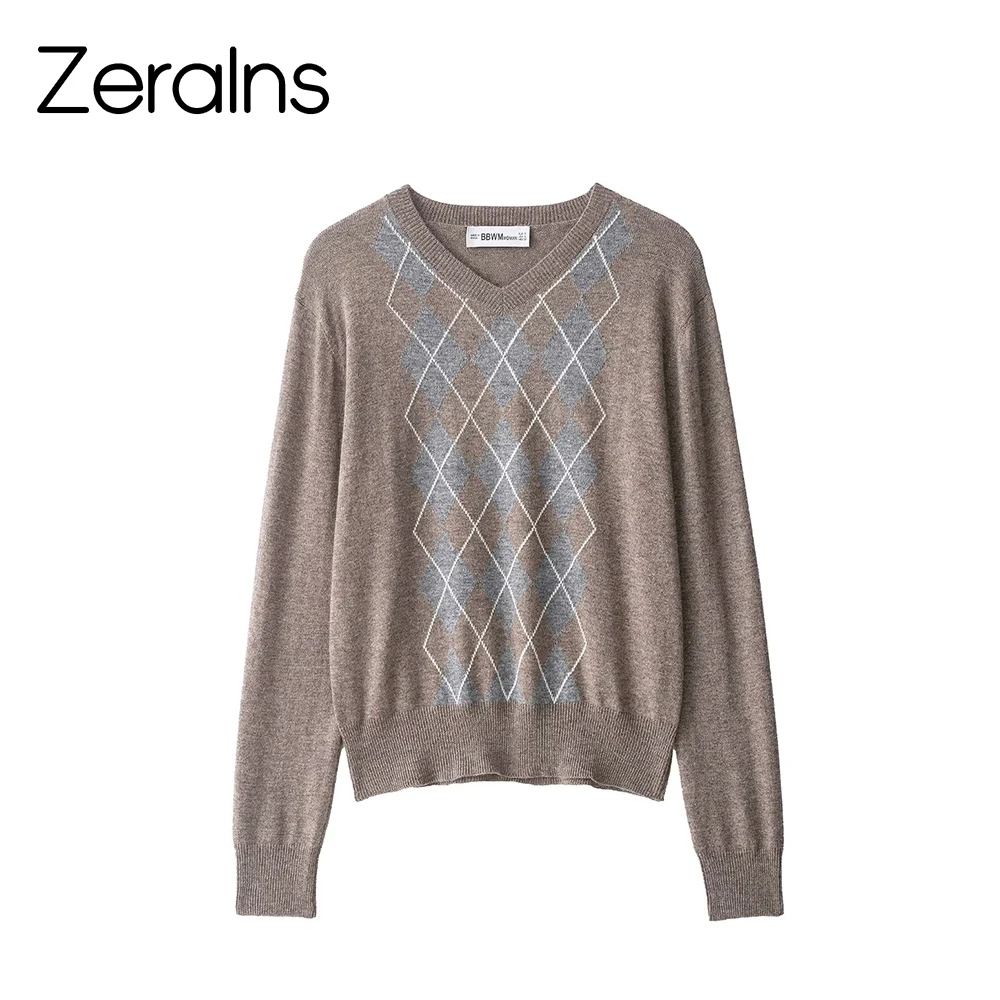 

ZERAINS New Women's Fashion European and American Style Versatile Blended Diamond Pattern Knitted Shirt