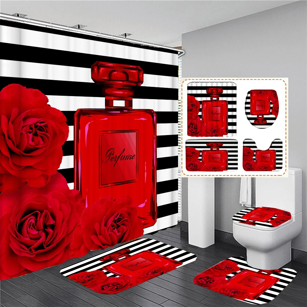 Nordic Cosmetic Flowers Art Fashion Girl Perfume Bottle Printed Shower Curtain with Hook Non-Slip Bathroom Set Decor Waterproof