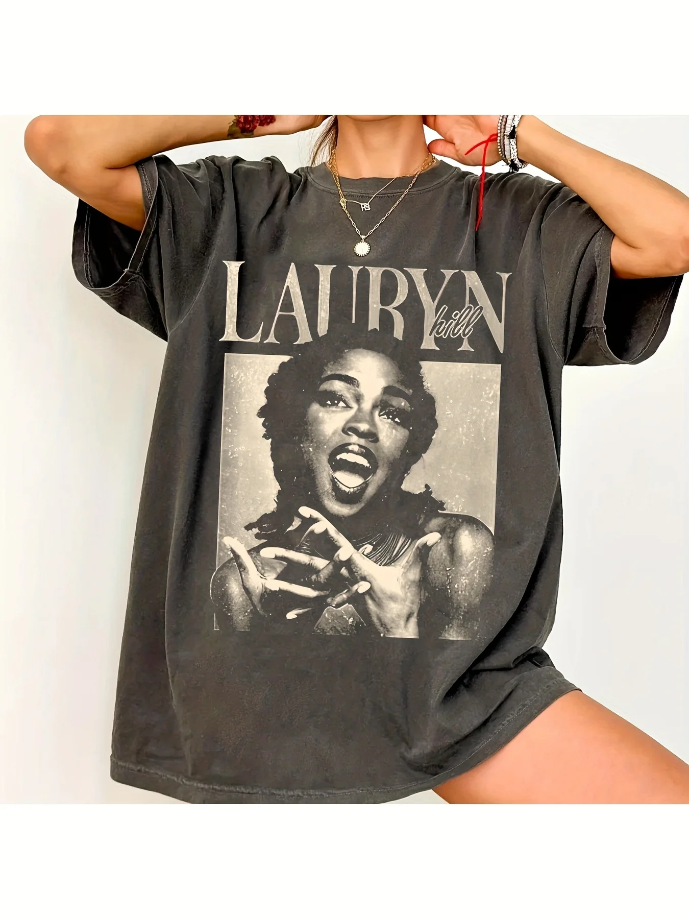 Camiseta del álbum de Lauryn Hill, estilo retro, camiseta clásica de algodón puro, camiseta de algodón negro pesado de 220 g con estampado.