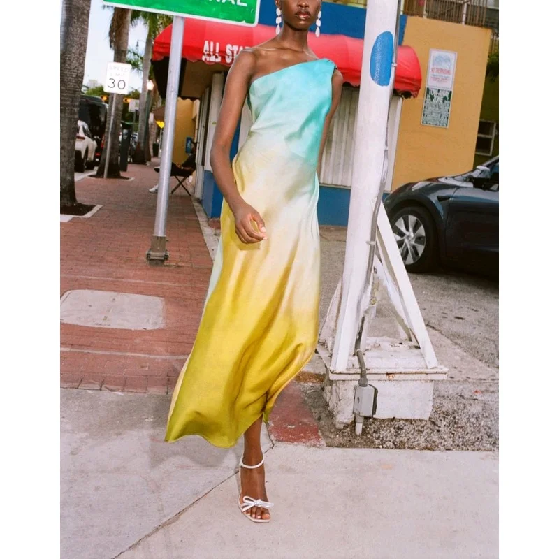 Frühling Neue Sexy Oulder Bared Svel Asymmetrische Seide Satin Fühlen Dr Street Sle Midi Taille Langen Rock A-Linie Kleid