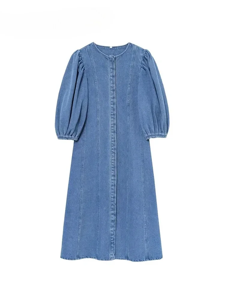 

New Denim Casual Women Dress O-Neck Short Sleeve Button Loose Vestidos Fashion Female Dresses