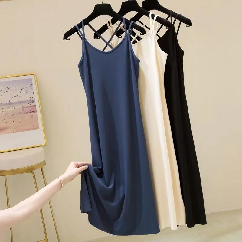 Damen Sommer Midikleid aus Eisseide – Lockeres Freizeitkleid für Studentinnen und Mädchen – Lässiges Sport-Basiskleid für Damen – Oberbekleidung Camisole-Kleid
