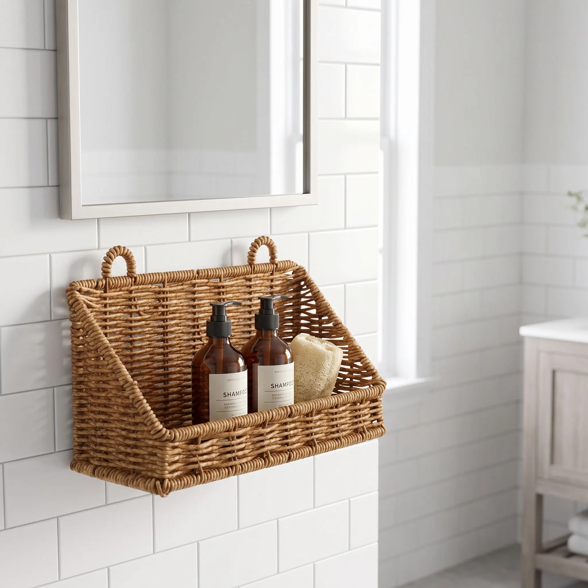 Bathroom Shower Organizer Basket No Drill Plastic Rattan Wall Mounted Hanging Bin for Toiletries Kitchen Pantry Dorm Laundry