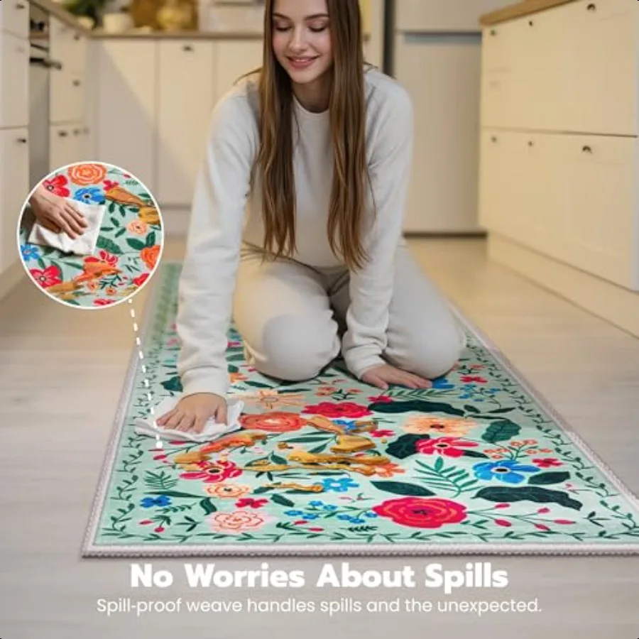 Hallway Runner Rug Washable 2'6''x8' Non Slip Kitchen Rug with Rubber Backing Soft Boho Floral Floor Carpet Runners for Entrywa