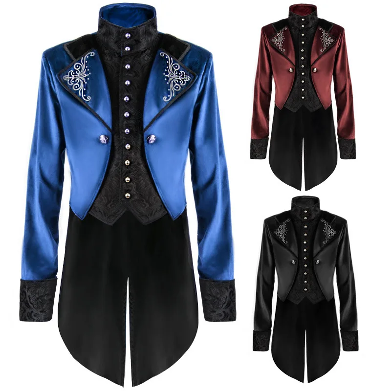 

New loween Medieval Court Retro Men's Long Coat Performance Costume Stand Collar Tailored Fit Dancewear Summer