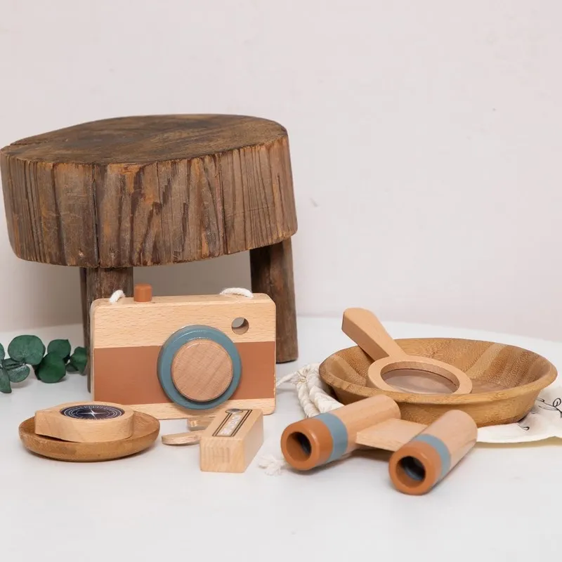 Ensemble de jouets d'aventure en plein air, caméra en bois, loupe, télescope, boussole, couteau en bois, bricolage, 5 pièces