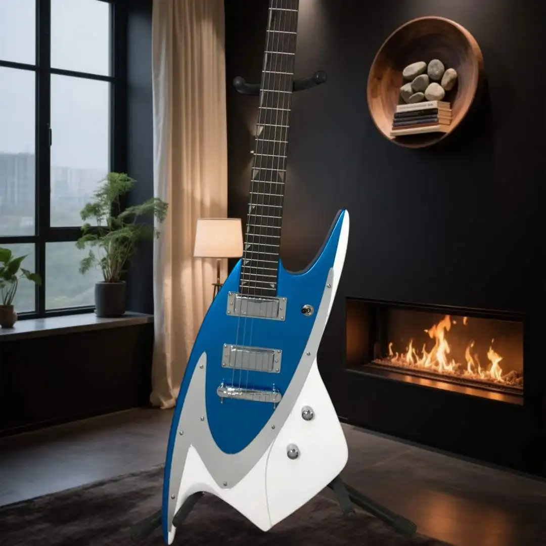 White Blue Metallic Futuristic Electric Guitar Fixed Bridge Dual Single Coils Bright Crisp Tone High Speed Playability