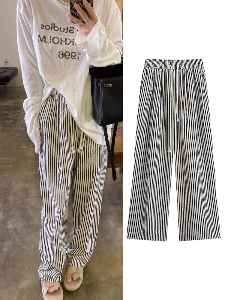 

Брюки с высокой талией, повседневные, с оригинальной этикеткой, черно-белые полосы, свободный крой, широкие штанины, в стиле Чжао Дженни Линьюнь, простой стиль