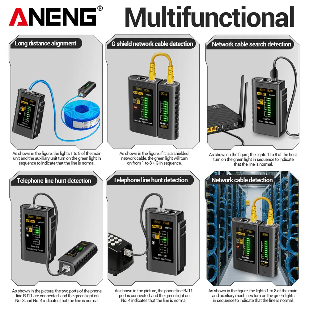 Testador de cabo de rede rj45 rj11 rj11 rj12 cat5 utp lan cabo de rede instrumento de emparelhamento aneng m469d ferramentas de reparo de rede