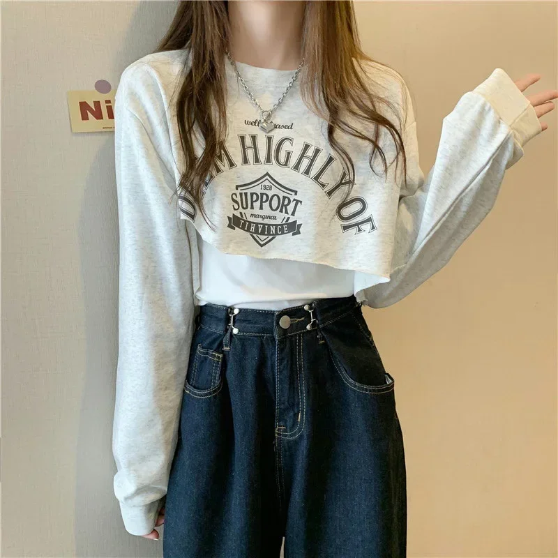 Women O-Neck Irregular Sweatshirts Letter Printed 2024 Spring Autumn Korean Fashion Crop Tops Harajuku Punk Gothic Streetwear