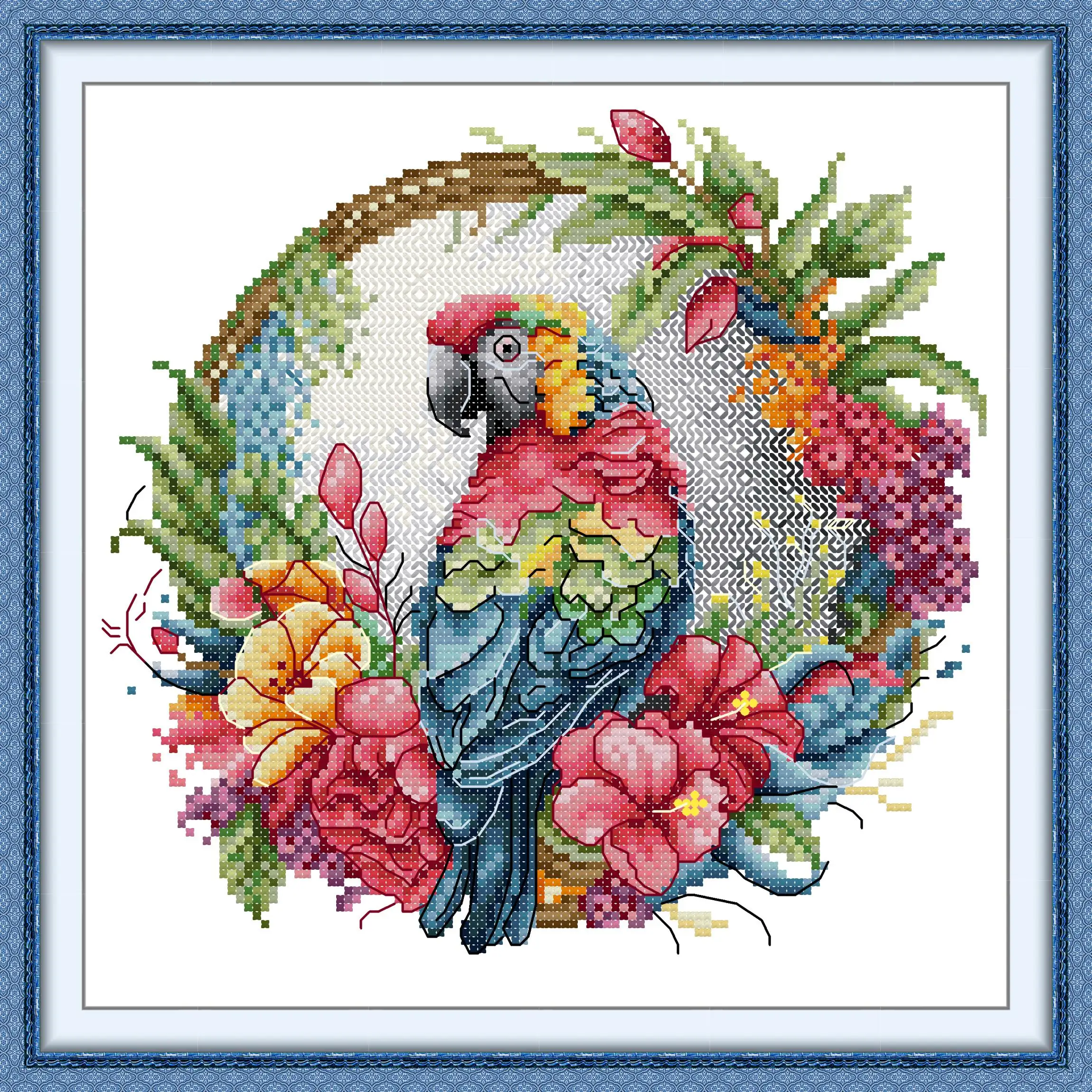 News Pre-Printed Cross Stitch Kit, Stamped Aida Fabric With DMC Threads, Easy To Follow - Parrot On A Garland