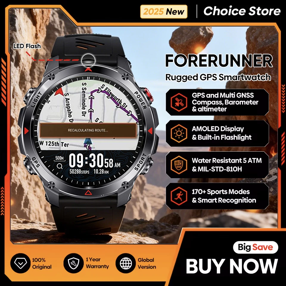 

2026 New Forerunner 570 GPS Smart Watch AMOLED Built-in Dual-band AGPS 3ATM Waterproof Compass Altimeter Flashlight Smartwatches