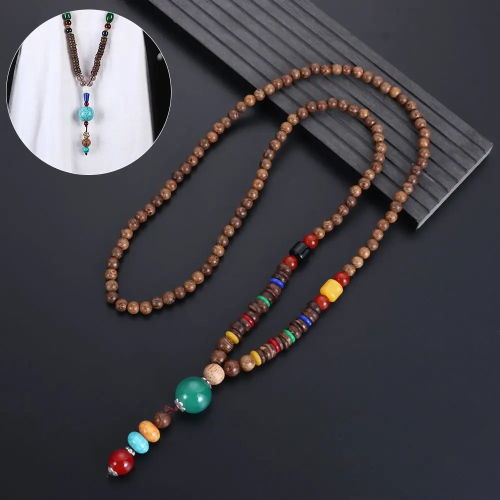 Vintage Ethnic Jewelry Handmade Lucky Gift Nepal Necklace Buddhist Horn Fish Pendant Mala Wood Bead