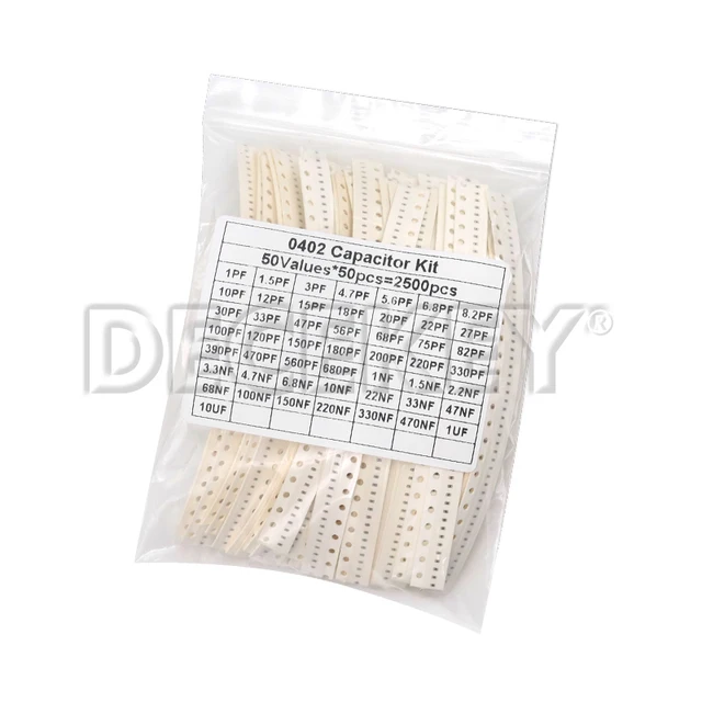 2500szt 0402 0603 0805 Zestaw kondensatorów ceramicznych SMD 50 wartości 1pF - 10uF 100PF 10NF 100NF 0.47UF 1UF Zestaw pojemności chipów
