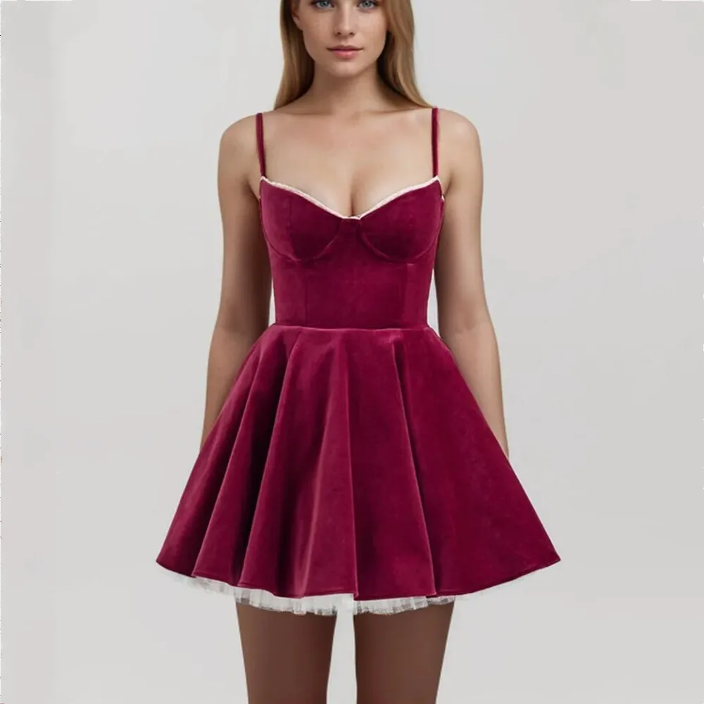 Princess Wine Red Velvet Corset Style Sling Dress Women Lace V Low Chest 2-layers Lining Hem Ball Gown Swing Mini Robe