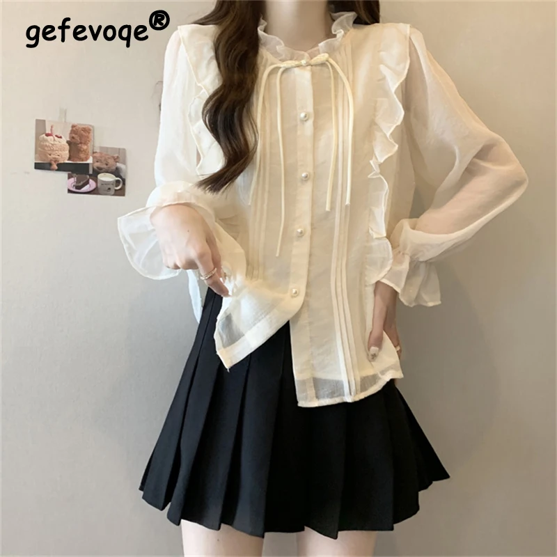 Women\'s Korean Fashion Ruffle Button Up Shirt Fairy Vintage Elegant Long Sleeve Blouse Female Casual Solid Loose Sweet Chic Tops