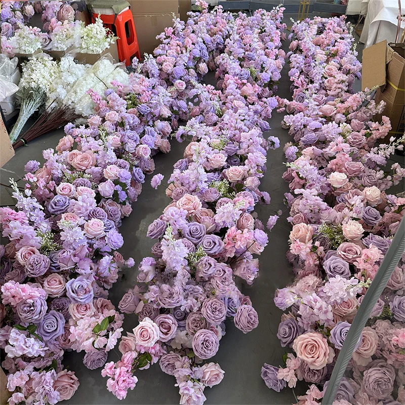 Custom New 2M Artificial Flower purple Rose Delphinium Floral Row Wedding Arch Background Wall Decor Hotel Home Event Table Runn