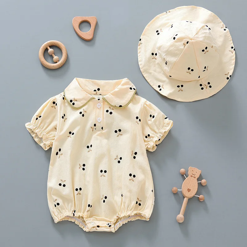 2Pcs Baby Summer Romper Hat Cherry Cotton Korean Infant Romper Kids Boys Girls Clothes Toddler Outfit Set Baby Onesie