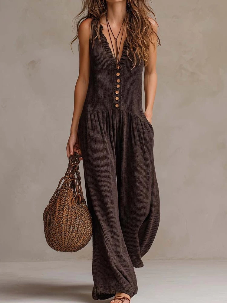 Fashion Button Patchwork Simple Jumpsuits, Women Summer V Neck Sleeveless Chic Playsuits, 2026 Wide Leg Pants Ladies Bodysuits