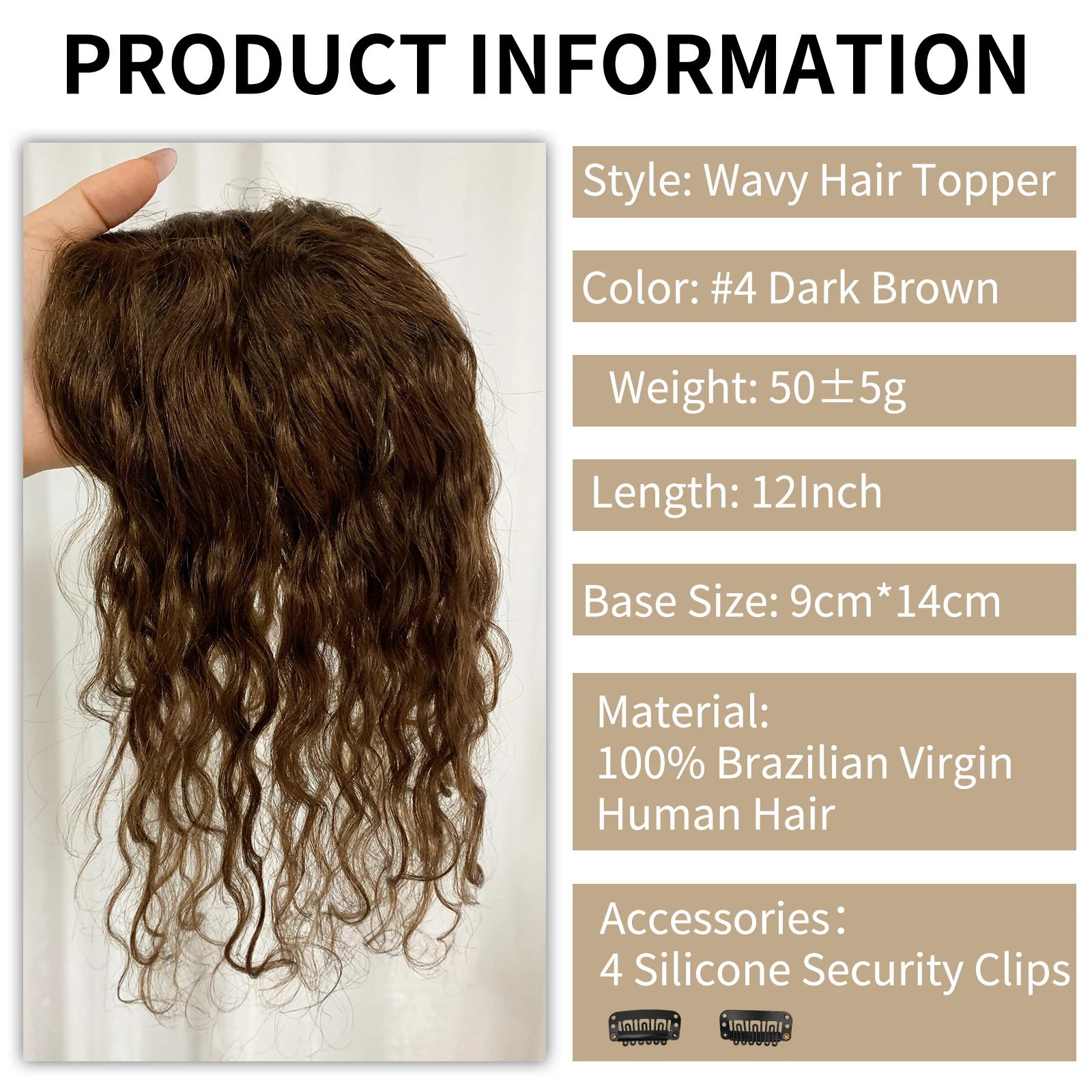 12Inch Body Wave Human Hair Topper 9x14cm Mono Base Clip In Hairpiece Invisible Seamless Hairpiece for Women with Thinning Hair