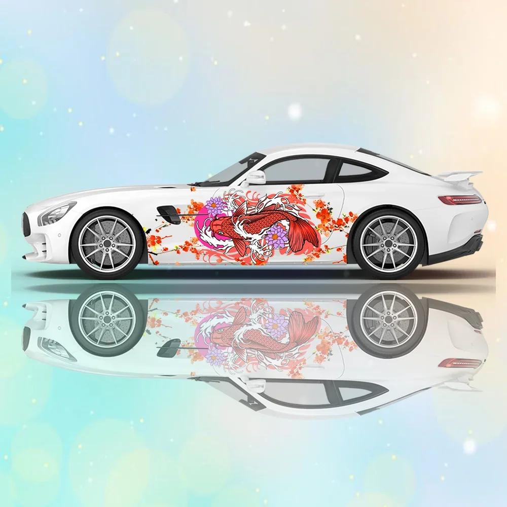 Flower Branch Koi Wave Car Side Sticker Decoration,PVC Waterproof Scratch Resistant Decal, Car Protection, Auto Accessories Gift