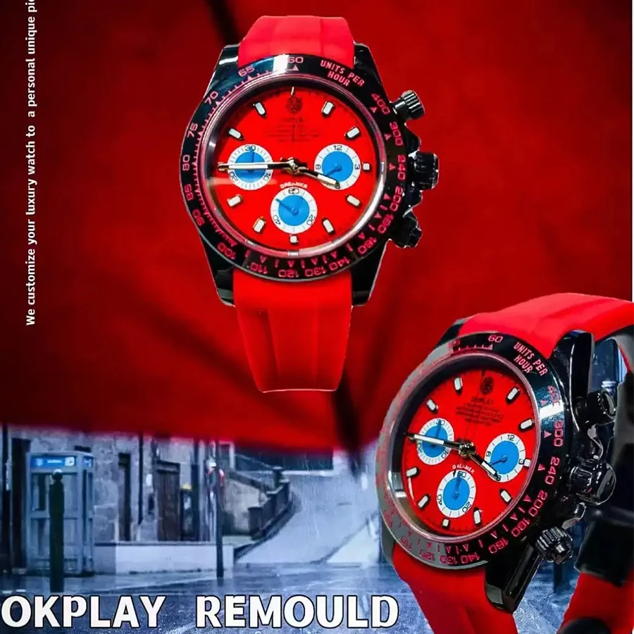 OKPLAY Men Chronograph Watch 39.5mm Modified Customized Quartz Wristwatch Sapphire 100M Waterproof Triple Windows Red