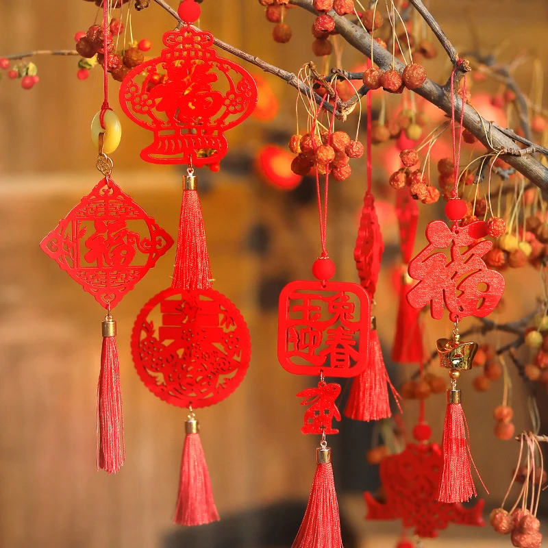 Chinese Traditional Style Lantern Pendant 2024 Year of the Dragon Red Tassle Hanging Decor Spring Festival Potted Plant Charms